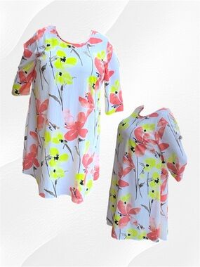 Lane Bryant 18/20 White Dress with Neon Yellow Trim and Coral Floral Pattern